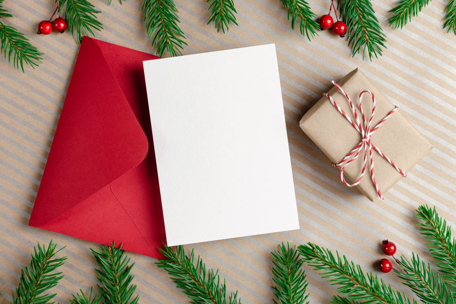 Red Framed Christmas Card with Greenery